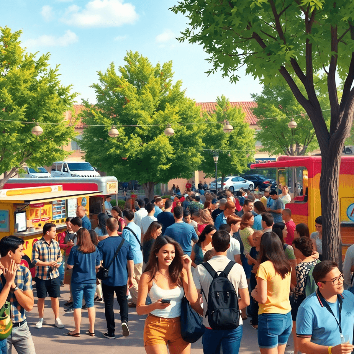 A lively outdoor gathering at Todos Santos Plaza in Concord, California, with young professionals mingling, food trucks, live music, trees, and cha...