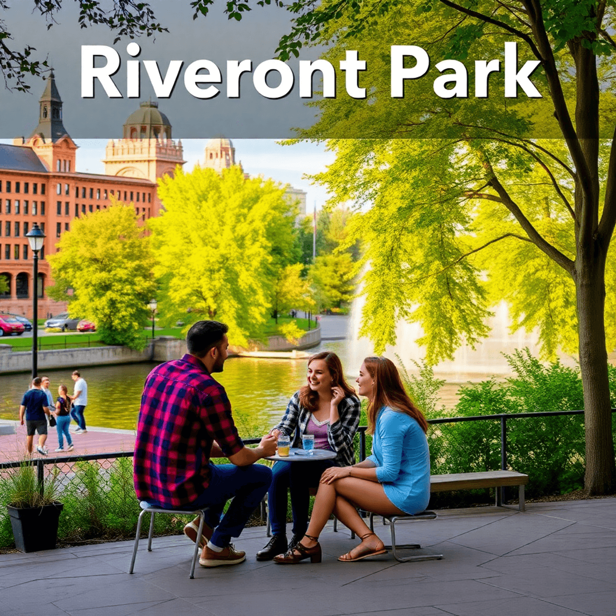 Couples gather in Spokane's Riverfront Park, surrounded by lush greenery, scenic views, and urban charm from historic buildings and art installations.