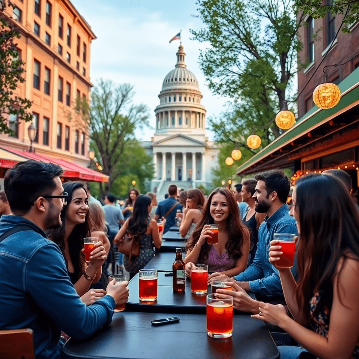 A lively outdoor gathering at a stylish bar in Madison, Wisconsin, with young adults enjoying drinks and conversation, the Capitol building visible...