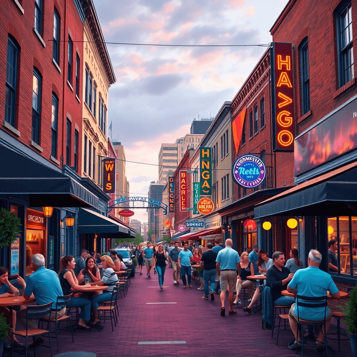 A bustling street scene in Worcester, featuring historic buildings and modern venues, with outdoor cafes, a lively beer garden, and colorful nightl...
