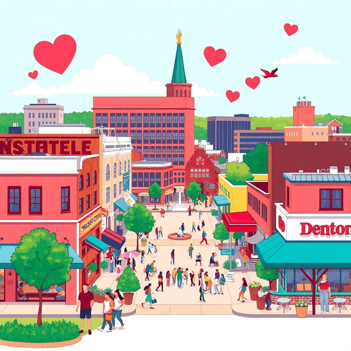 A vibrant illustration of Denton, Texas, featuring the bustling Square, local coffee shops, and symbols of community like hearts, all in bright col...