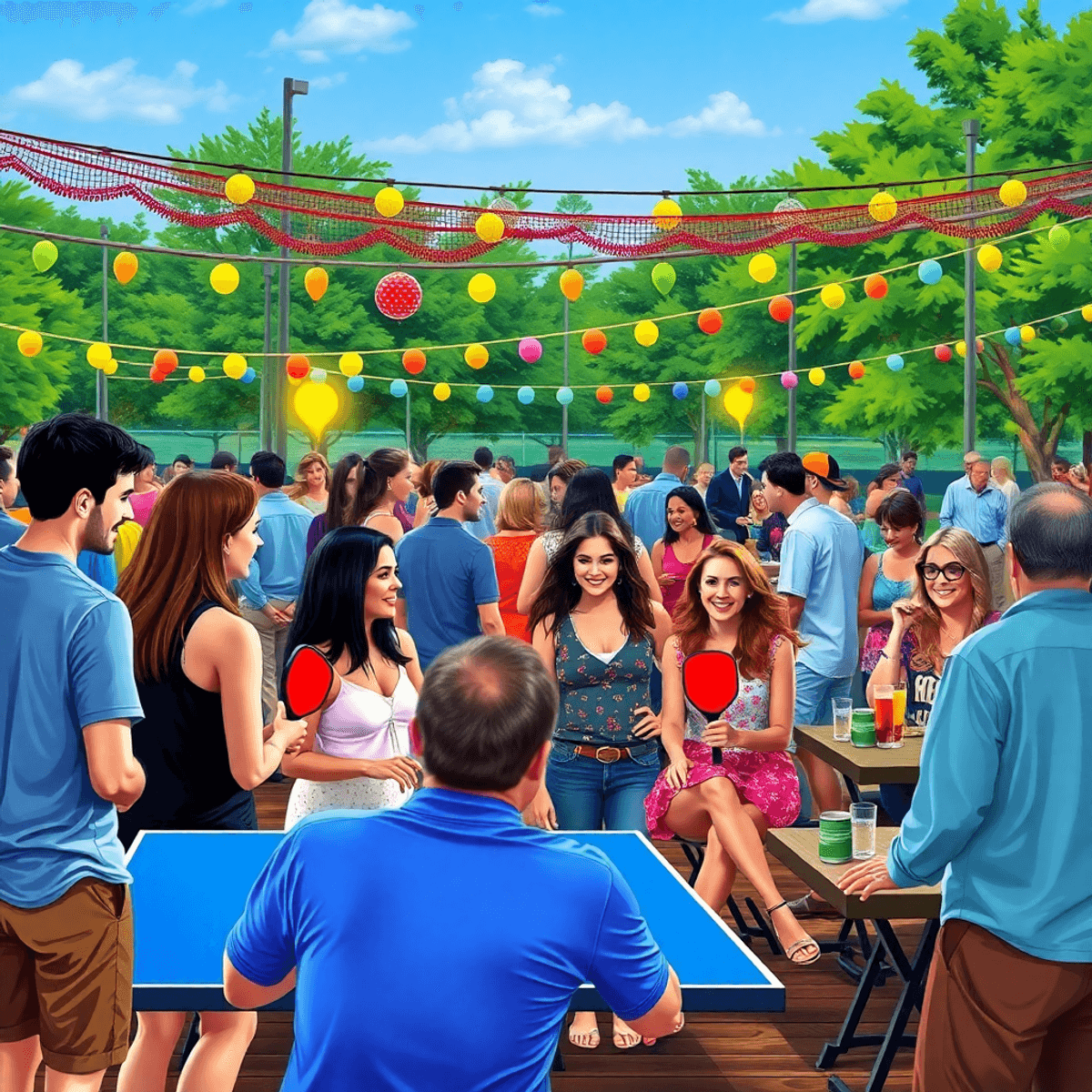A lively social mixer in a community park with singles chatting and playing pickleball, surrounded by festive decorations, colorful banners, and ta...