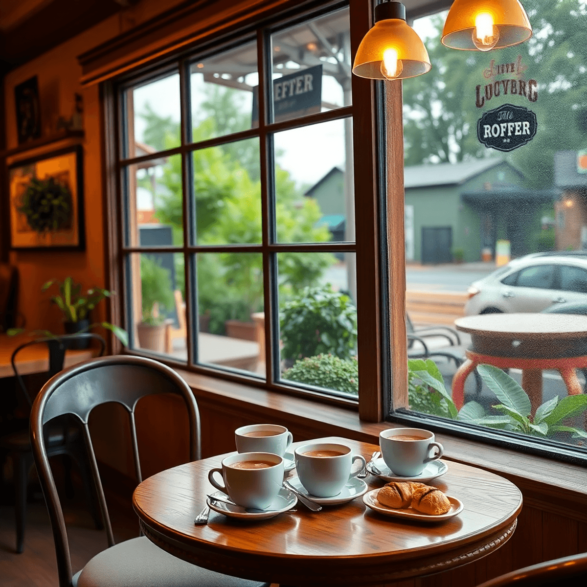 A cozy coffee shop scene with a table for two, coffee cups, and pastries, surrounded by rustic decor and greenery outside the window, creating a wa...