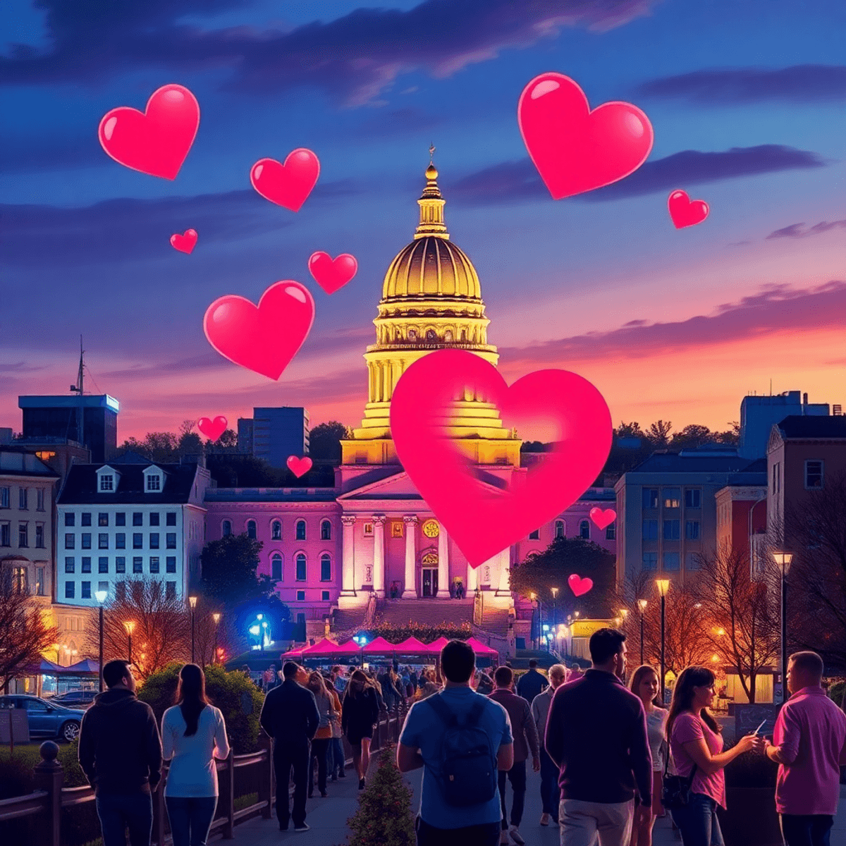 A vibrant cityscape of Harrisburg with the Capitol building in the background, heart shapes, and couples enjoying outdoor activities, reflecting a ...