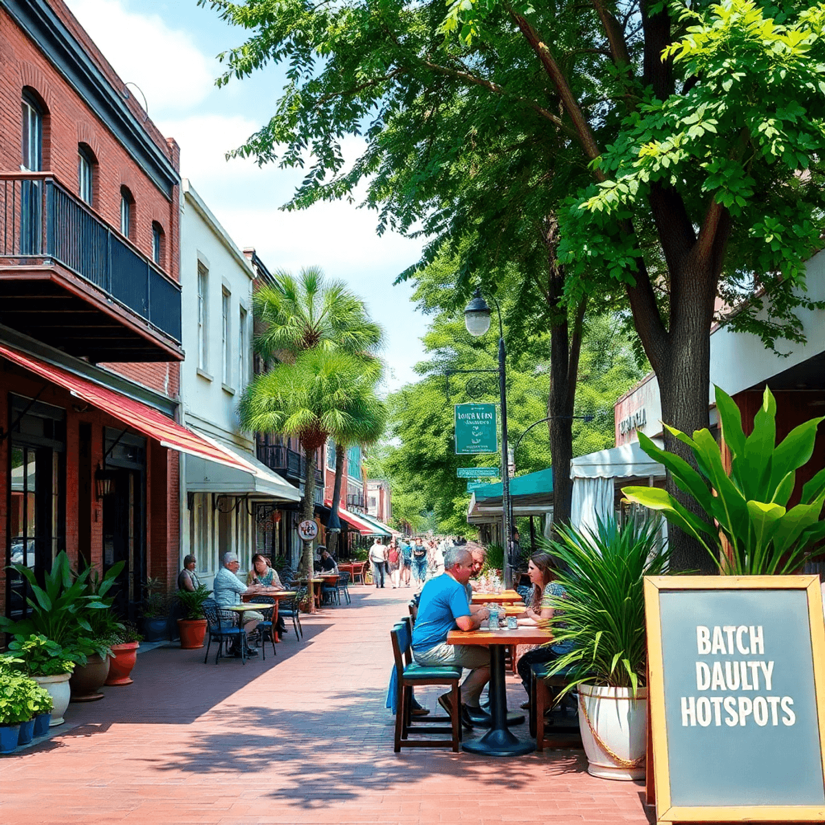 A lively street scene in Baton Rouge with charming cafes and green outdoor spaces, highlighting local dating spots and the essence of Southern hosp...
