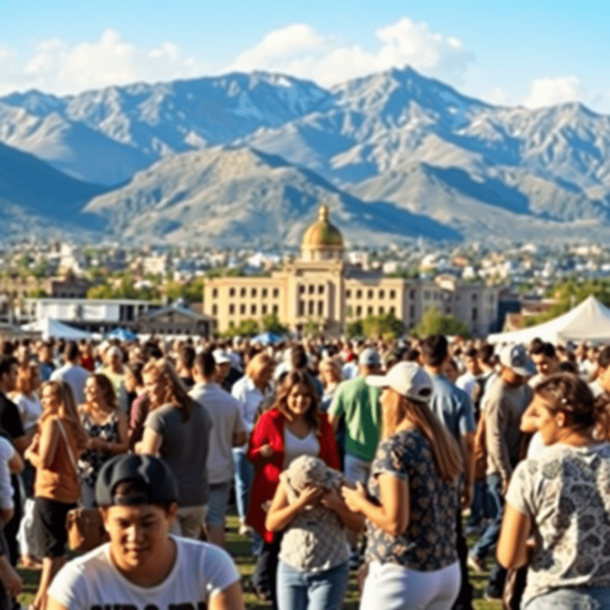 A scenic view of Ogden, Utah, with majestic mountains in the background and a lively community event in the foreground, showcasing people enjoying ...