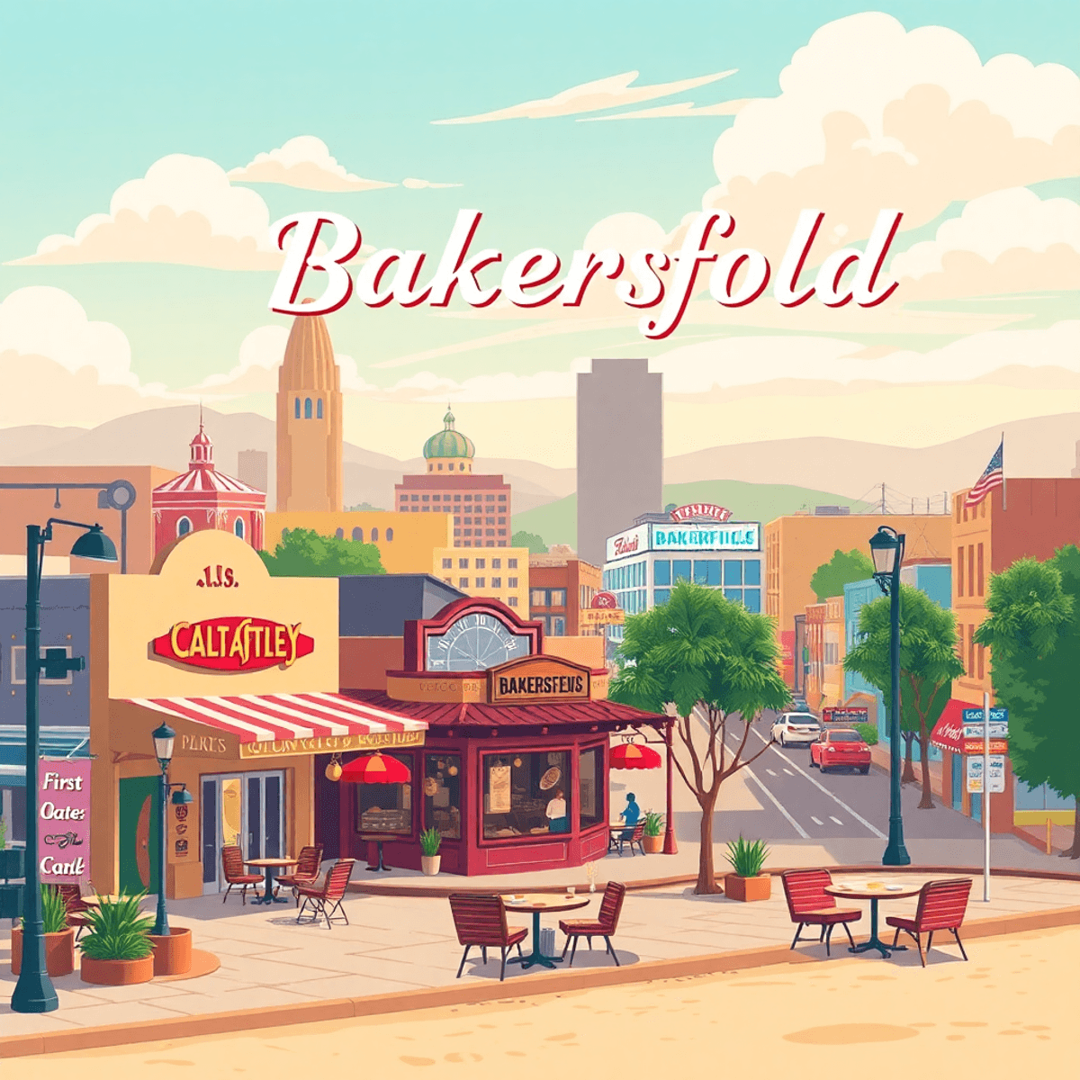 A lively Bakersfield cityscape showcasing iconic landmarks, a country music venue, a cozy café for dates, and smartphone icons hinting at digital d...
