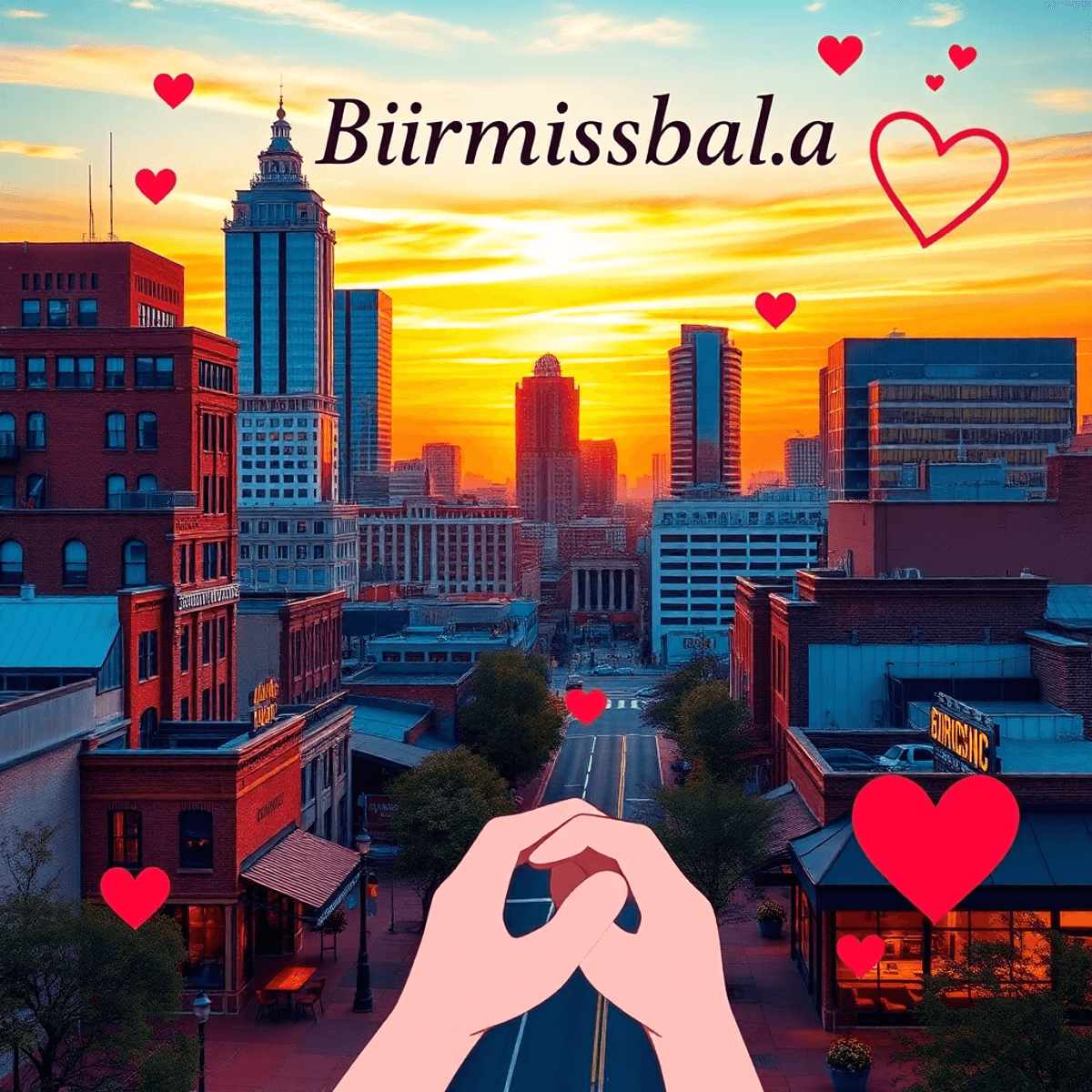 A vibrant Birmingham cityscape at sunset, showcasing iconic landmarks and cozy coffee shops, with subtle symbols of love integrated into the scene.