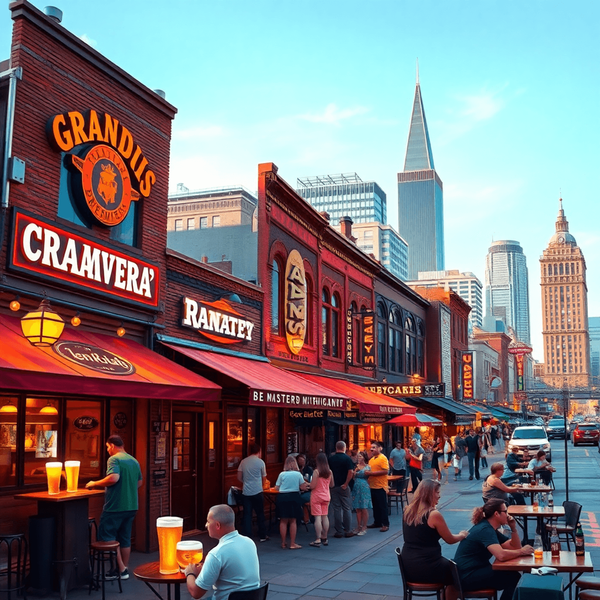 A lively cityscape of Grand Rapids, Michigan, showcasing local bars and breweries filled with craft beer glasses and social gatherings, embodying c...
