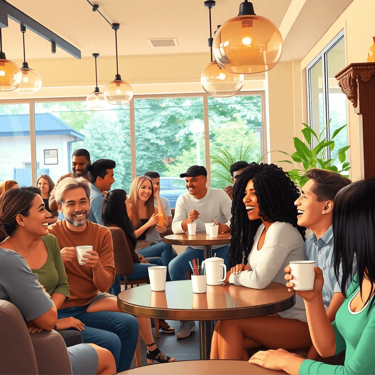 A lively coffee shop scene with singles chatting and laughing, surrounded by cozy seating, coffee cups, and greenery outside, creating a warm and i...