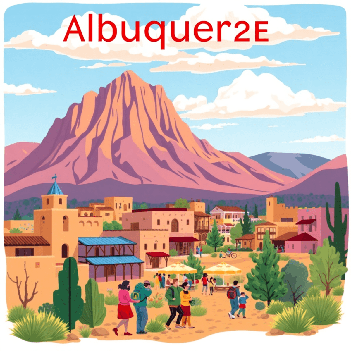 A colorful illustration of Albuquerque's landscape with the Sandia Mountains, adobe buildings, and outdoor activities, showcasing connection and co...