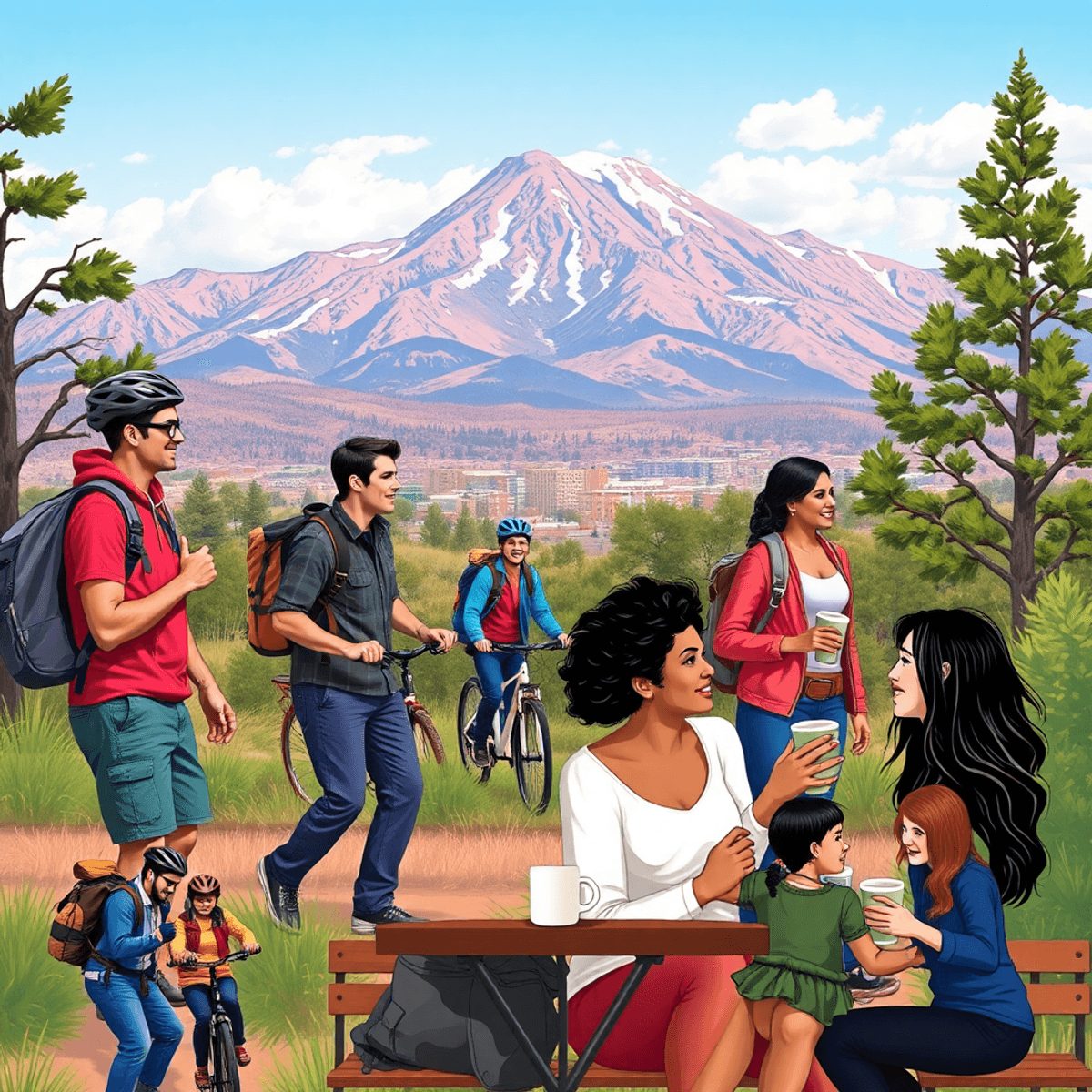 A vibrant outdoor scene in Colorado Springs featuring Pikes Peak, with couples hiking, biking, and enjoying coffee at a café, surrounded by scenic ...