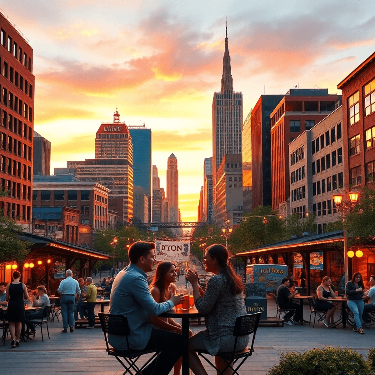 A vibrant sunset over Dayton, Ohio, showcasing iconic landmarks with couples enjoying a romantic date at a café and people socializing in a warm, i...