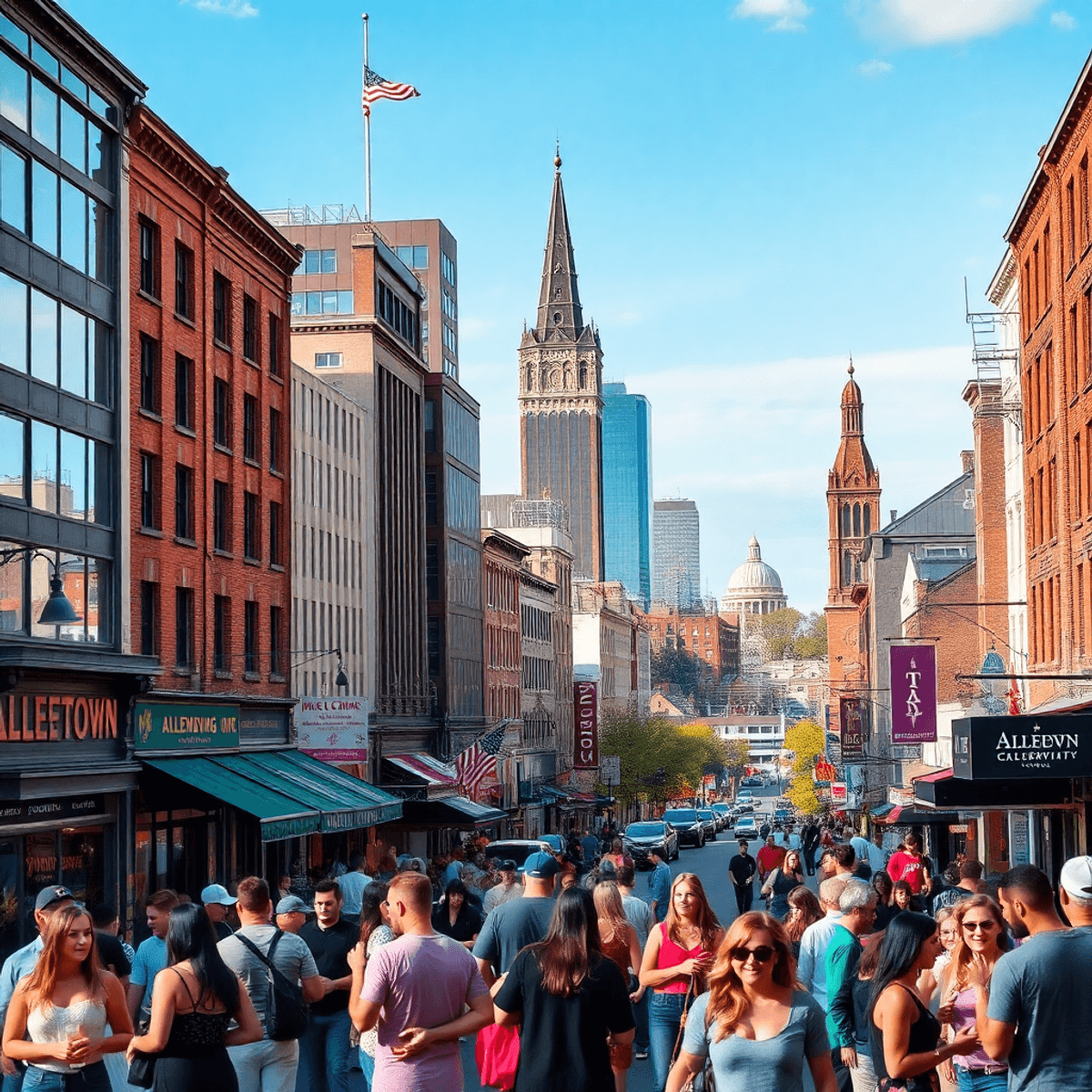 A lively cityscape of Allentown, Pennsylvania, showcasing local landmarks and social events with people mingling, creating a welcoming atmosphere f...