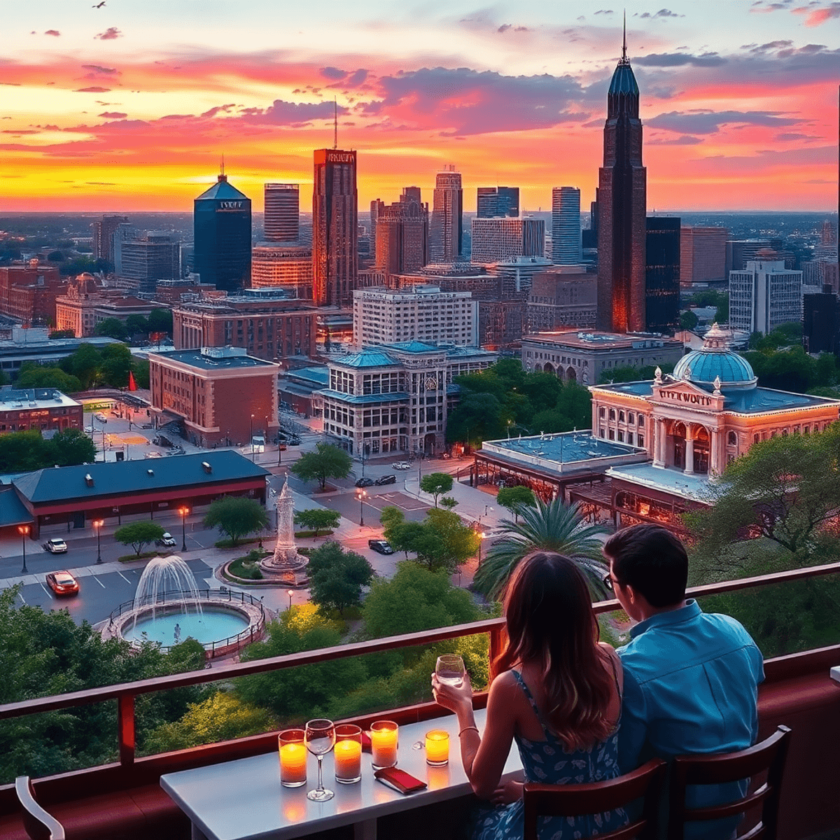 A vibrant Fort Worth cityscape at sunset, showcasing the Water Gardens and Stockyards, with a couple enjoying a picnic amid urban charm and outdoor...