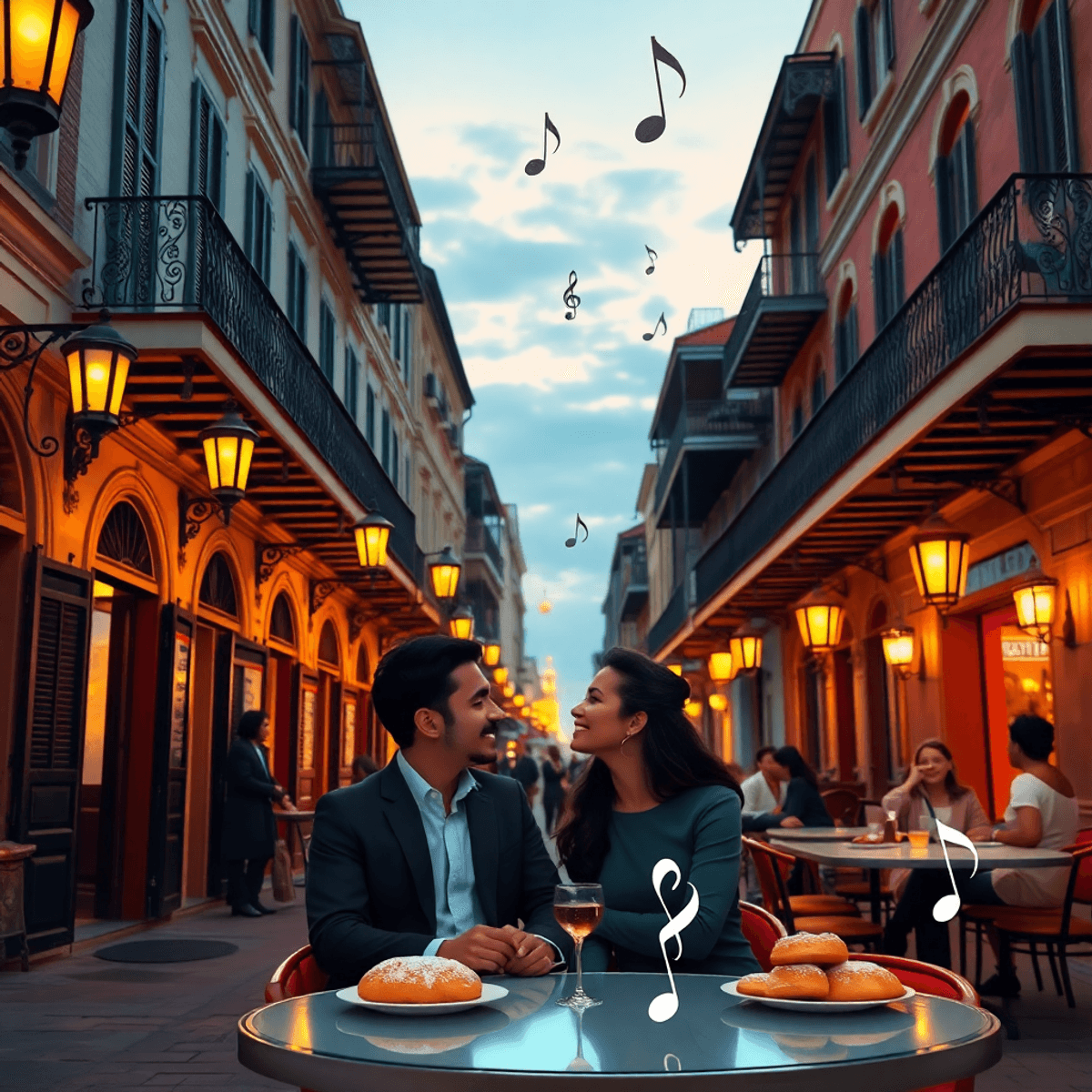 A vibrant street scene in the French Quarter at dusk, featuring historic architecture and glowing gas lamps, with a couple enjoying beignets at a c...