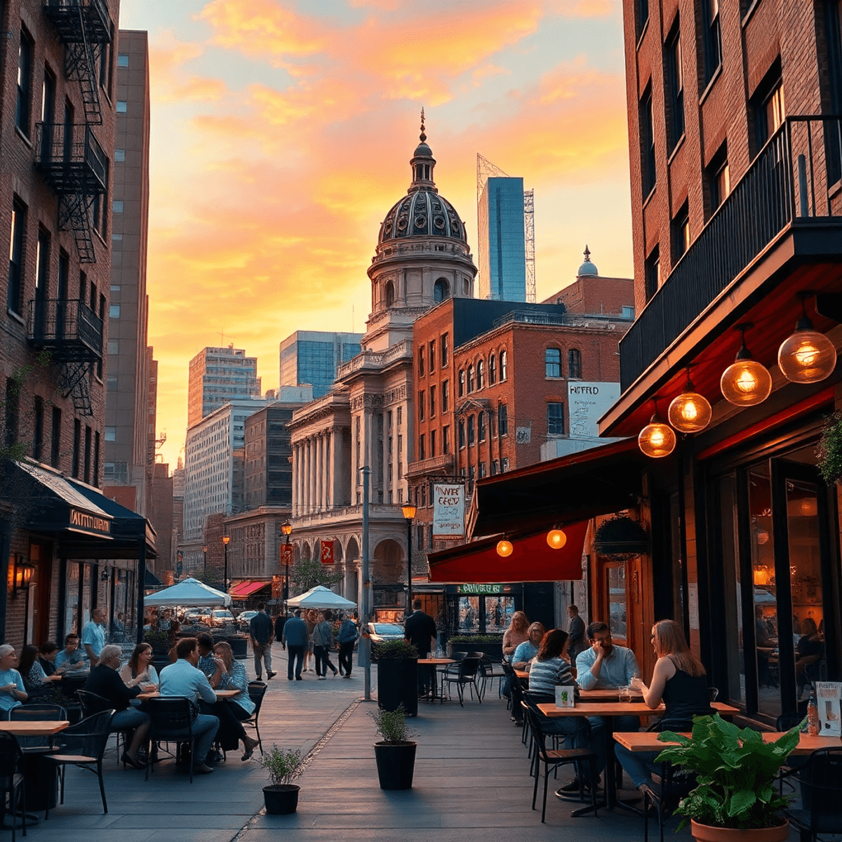 A vibrant cityscape of Hartford, Connecticut, showcasing the state capitol with lively street scenes, cozy coffee shops, and trendy restaurants fil...