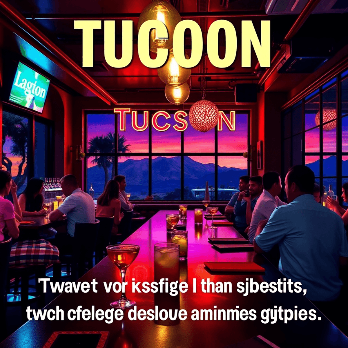 A lively bar in Tucson, showcasing craft cocktails, colorful lights, and modern decor, with glimpses of the desert landscape outside, exuding excit...