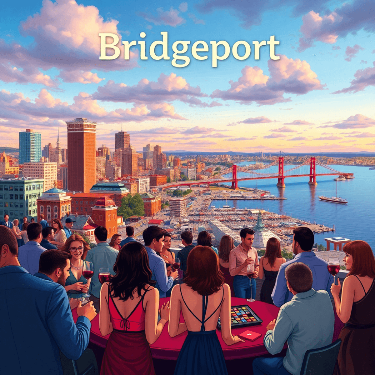 A vibrant coastal cityscape of Bridgeport with lively social scenes, wine glasses, game pieces, and dance shoes, set against a backdrop of Stamford...