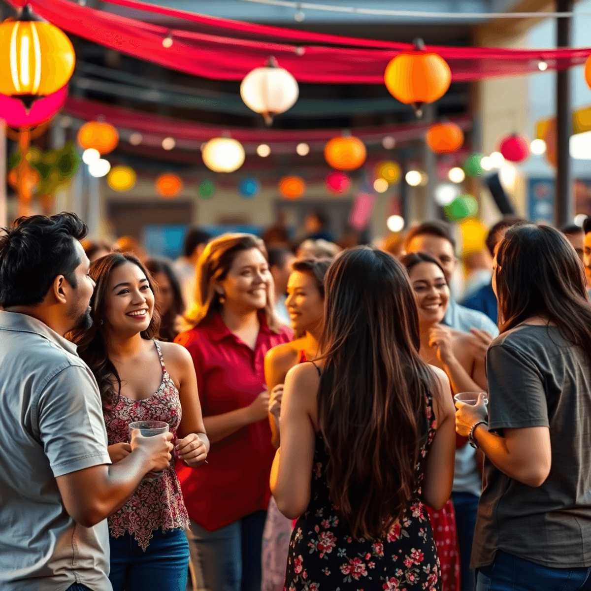 A lively singles event in McAllen, Texas, with a diverse group of people enjoying conversation and laughter amidst colorful decorations and a festi...