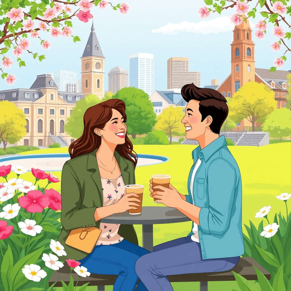 A couple enjoying a date in a vibrant Richmond park, surrounded by greenery and blooming flowers, laughing and sharing coffee with picturesque arch...