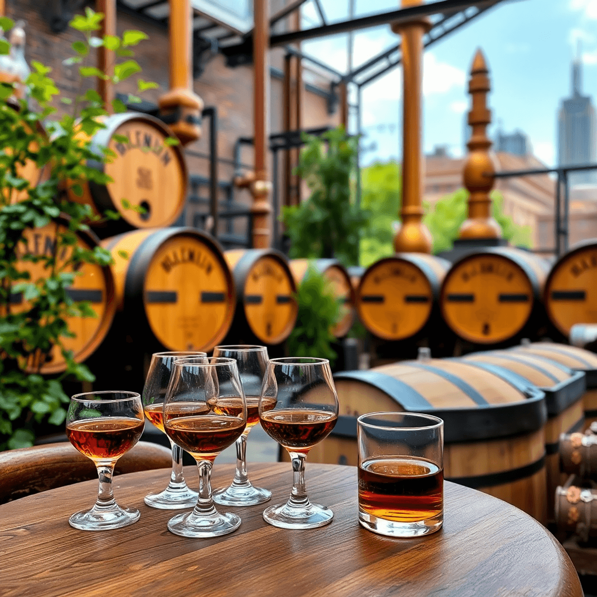 A bourbon distillery in Louisville, featuring a tasting setup with glasses of bourbon and rustic wooden barrels, surrounded by greenery and charmin...