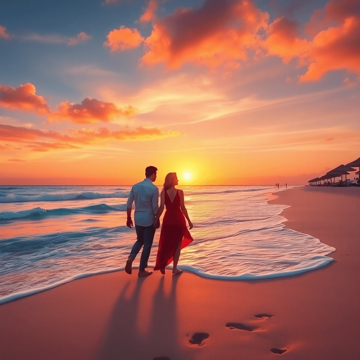 A couple walks hand in hand along a beach at sunset, with vibrant orange and pink skies, gentle waves, beach umbrellas, and footprints in the sand.