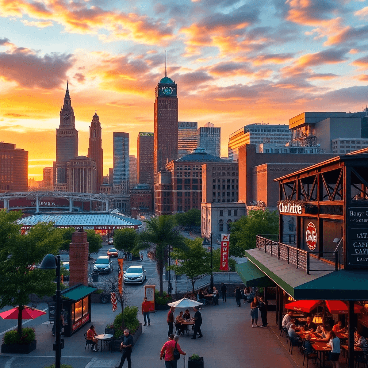 A vibrant cityscape of Charlotte, North Carolina, featuring iconic landmarks, cozy coffee shops, and energetic sports venues under a warm sunset.