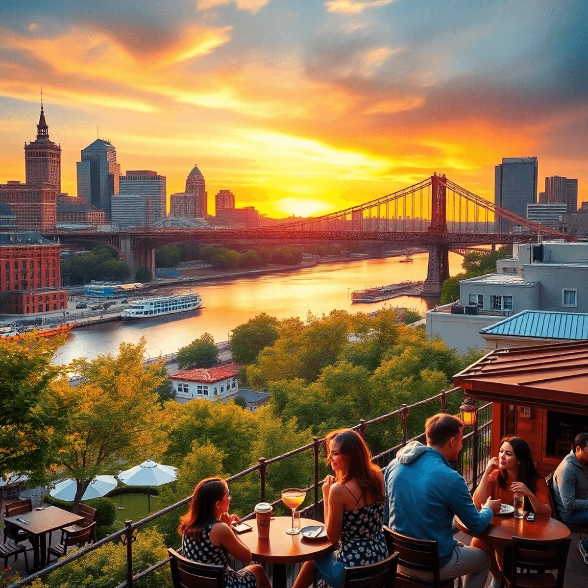 A vibrant Cincinnati cityscape at sunset featuring the Roebling Bridge, lush parks, a cozy coffee shop, and couples enjoying time together in a liv...