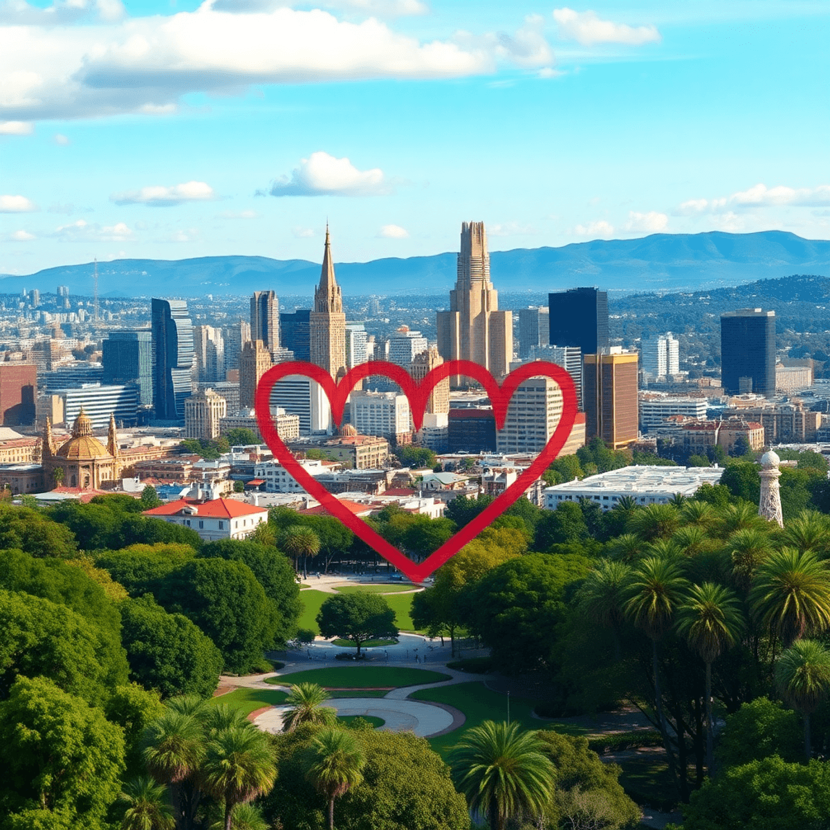 A vibrant cityscape of San Jose with iconic landmarks and lush parks, featuring subtle heart shapes and intertwined hands, evoking excitement in th...