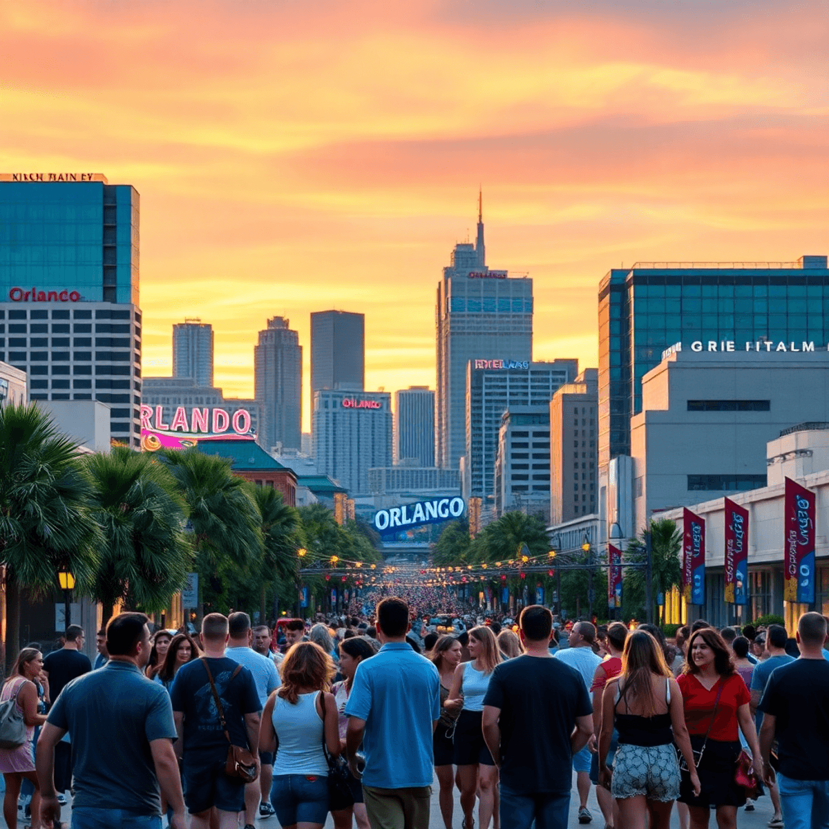 A vibrant Orlando cityscape at sunset, showcasing iconic landmarks and a lively street scene with singles engaging in conversation and enjoying out...