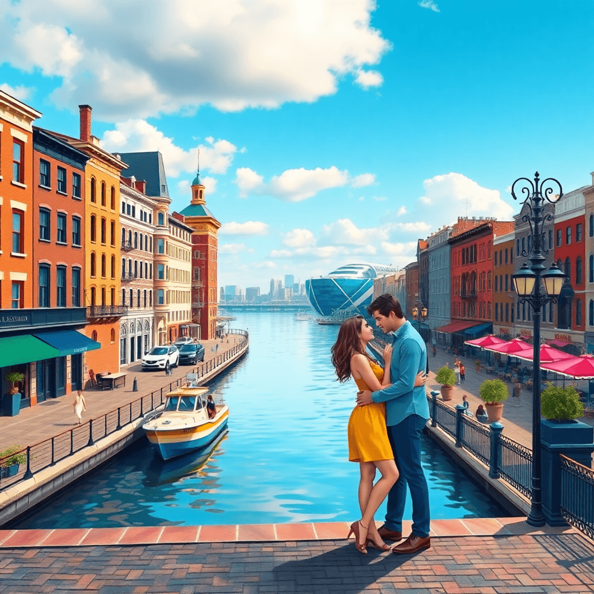 A romantic waterfront scene in Baltimore with historic buildings, cobblestone streets, and the National Aquarium, featuring couples enjoying a stro...