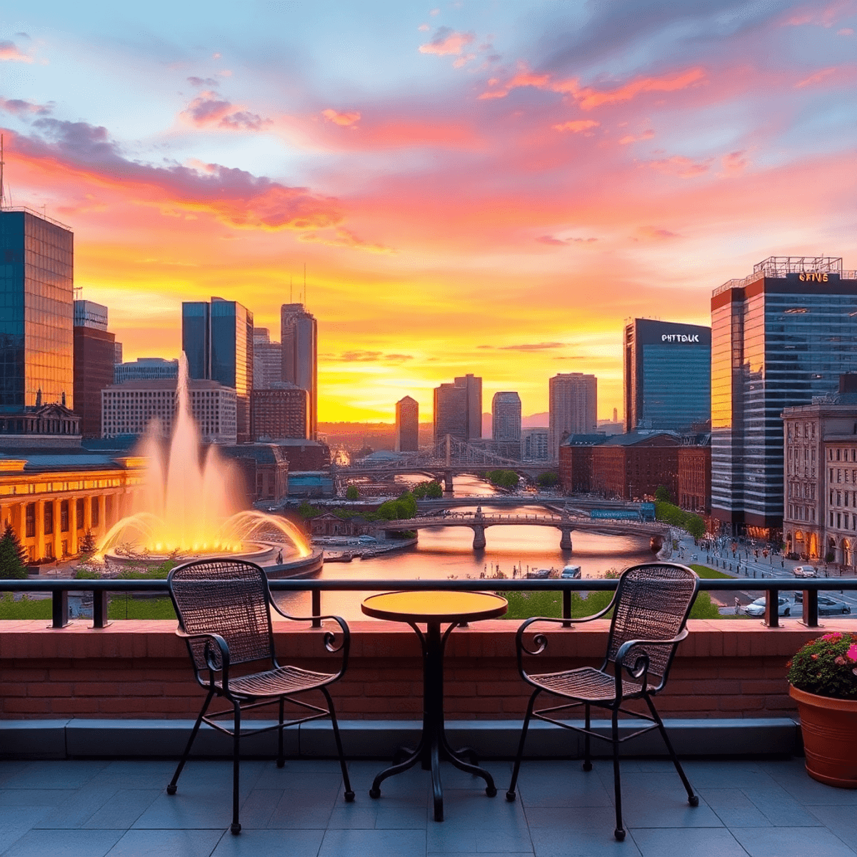 A vibrant Pittsburgh cityscape at sunset featuring the Point State Park fountain, colorful skyline, and a cozy outdoor café with two empty chairs a...
