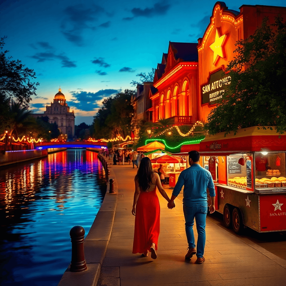 A scenic view of the San Antonio River Walk at sunset, with colorful lights, lively restaurants, and a couple walking hand-in-hand along the water ...