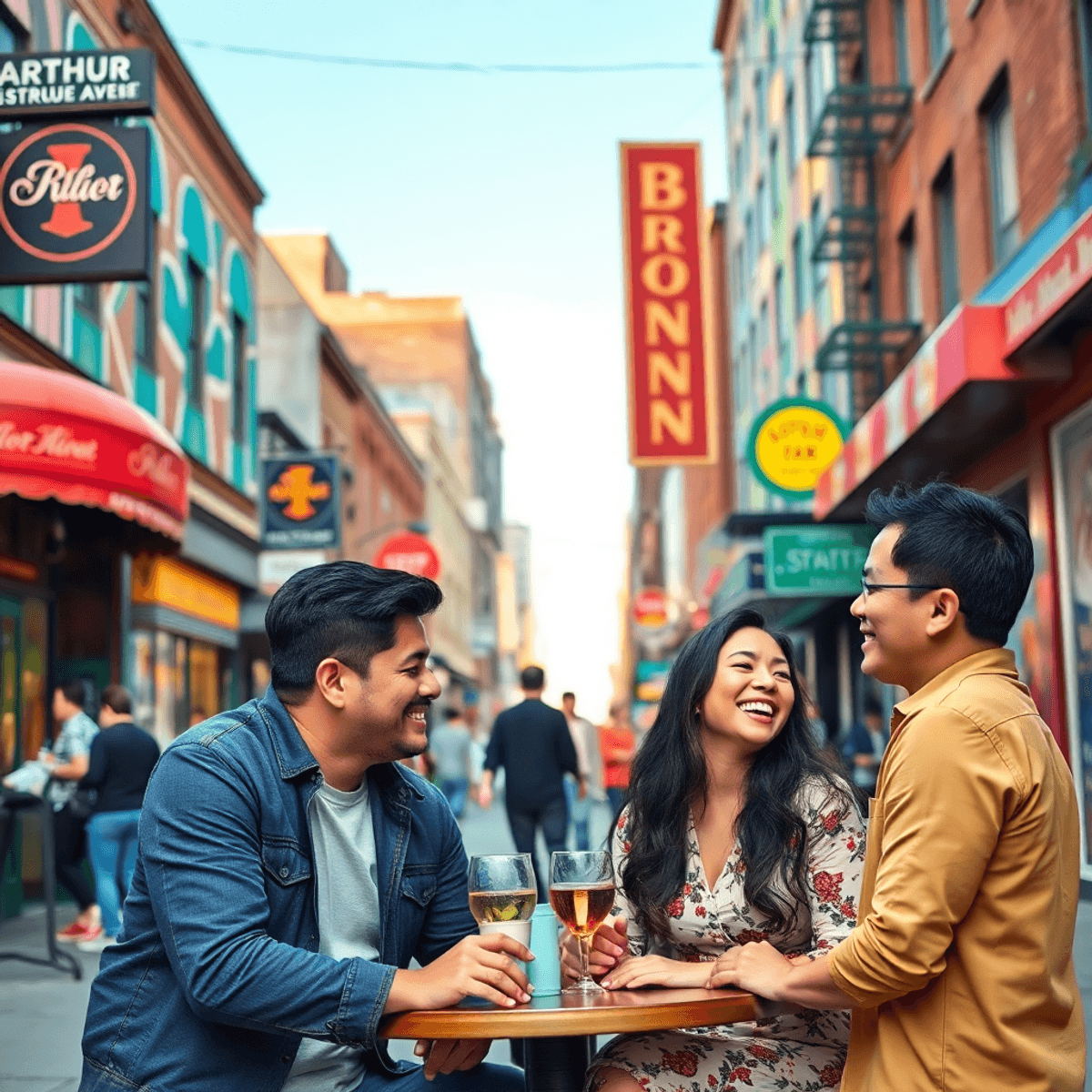 A lively Bronx street scene with couples enjoying a date, colorful murals, and local eateries, capturing a vibrant mix of cultures and joyful inter...