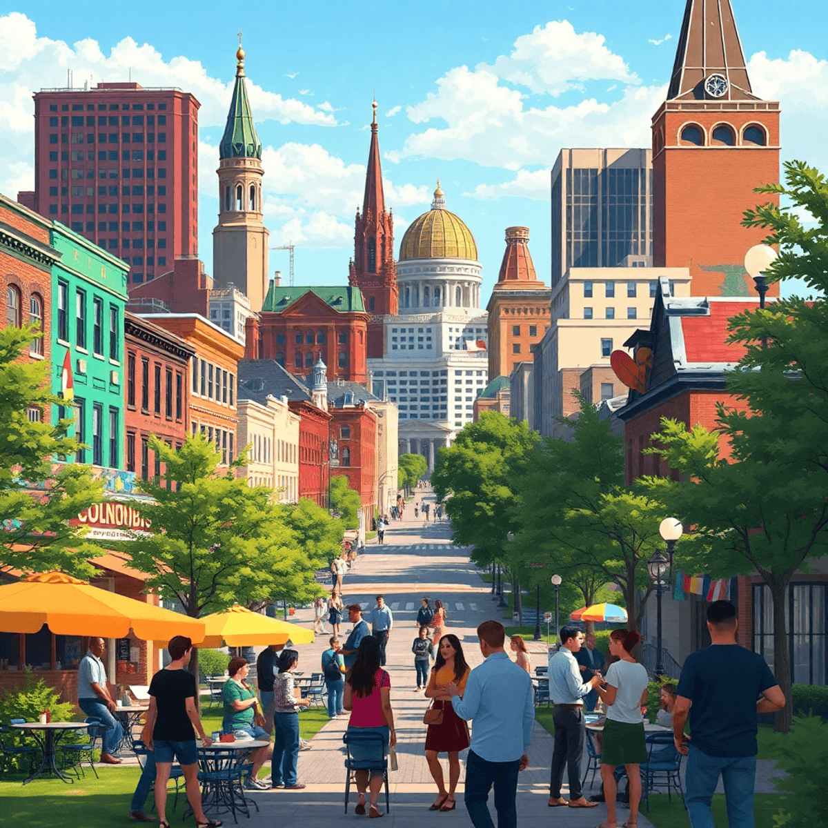 A vibrant cityscape of Columbus, Ohio, showcasing the Short North arts district and German Village with colorful street art, outdoor cafes, and peo...