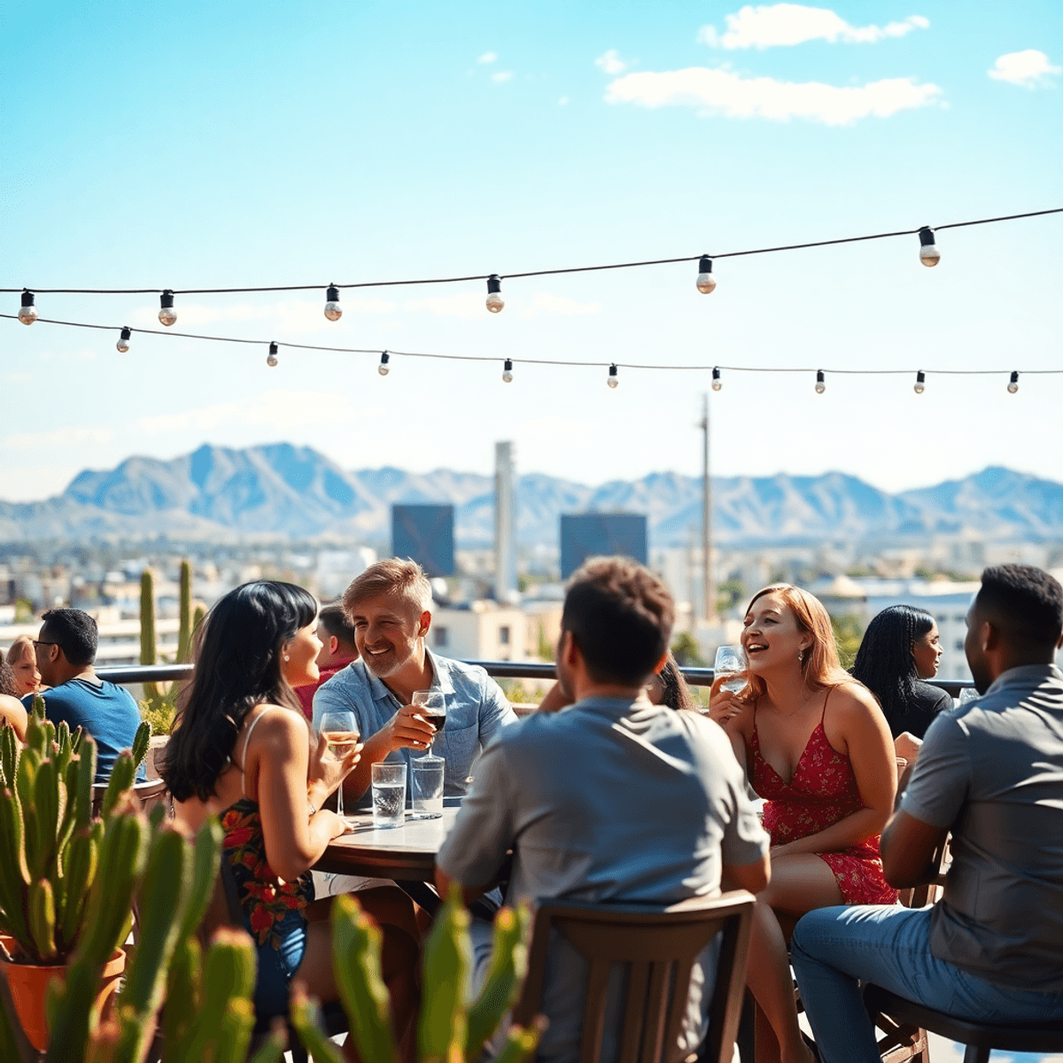 A sunny rooftop bar in Phoenix, filled with couples enjoying drinks and laughter, surrounded by cacti and mountains, creating a lively and inviting...
