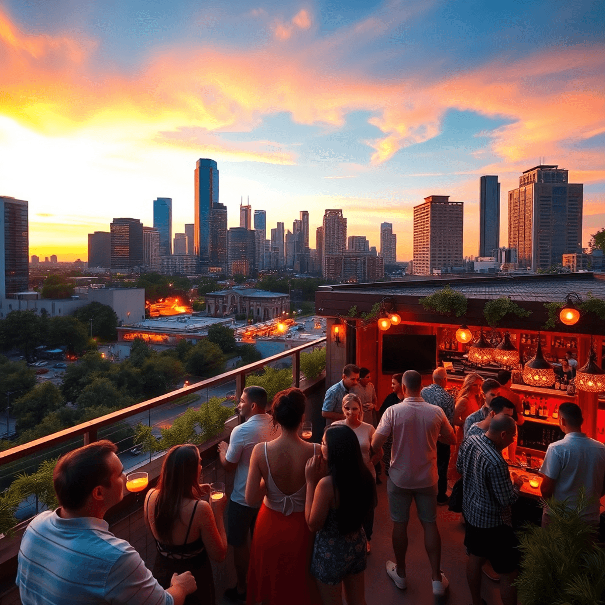 A sunset view of Dallas showcasing the skyline, lively outdoor mingling at a cocktail lounge, and a vibrant Latin dance club, all under warm lighti...