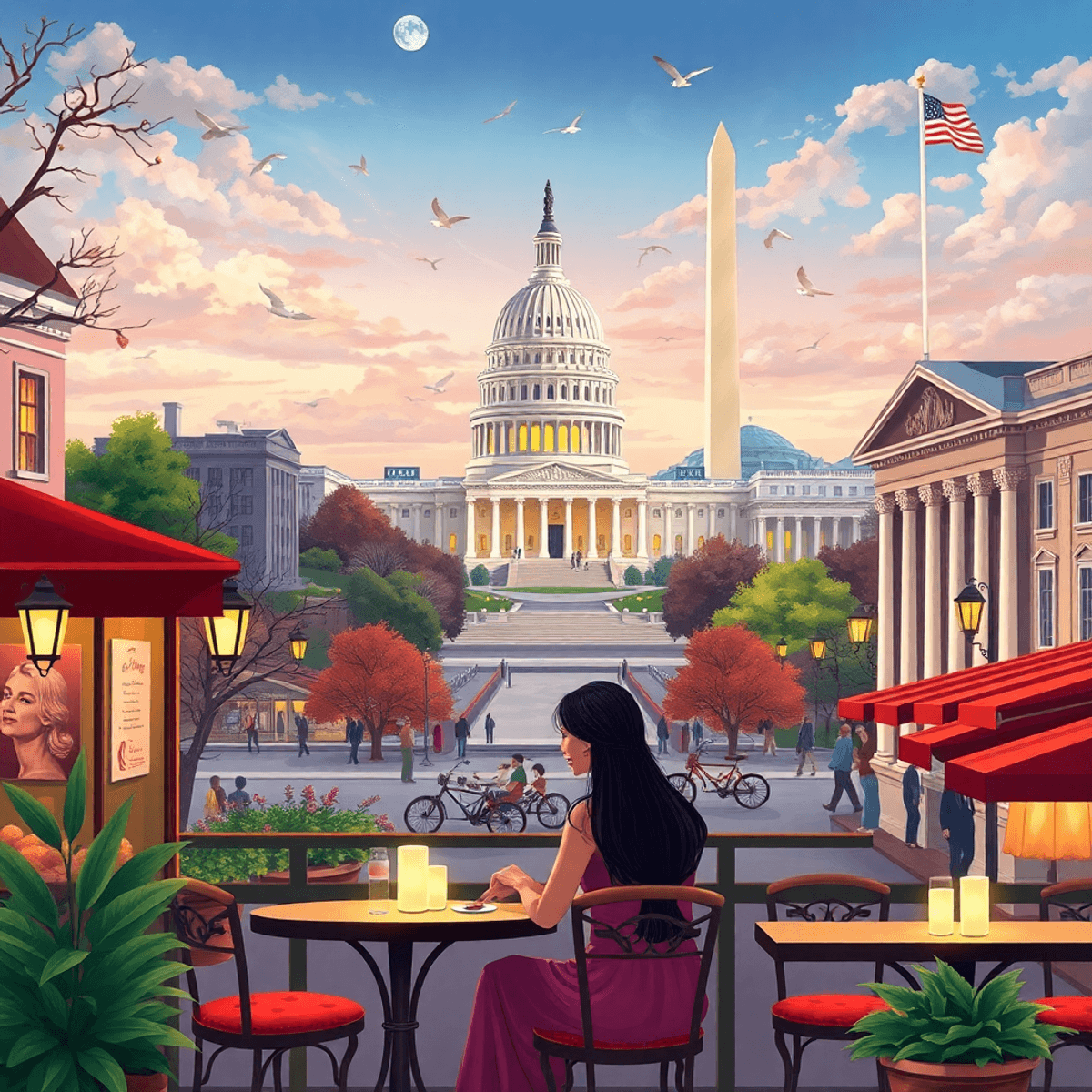 A vibrant Washington, D.C. scene with the Capitol Building and Lincoln Memorial, featuring a cozy café where a couple enjoys a romantic dinner amid...