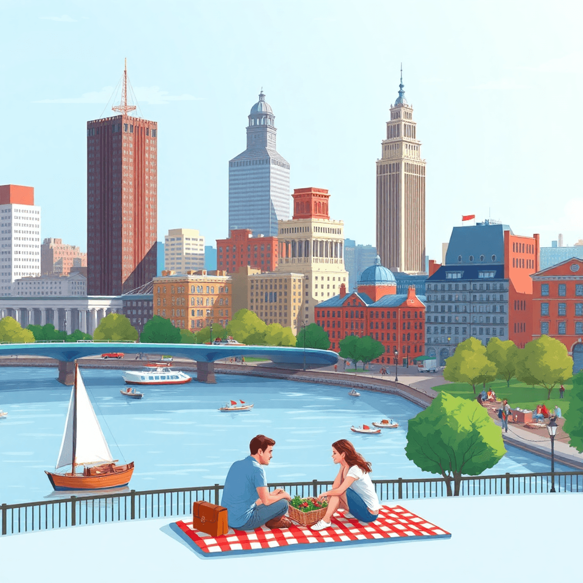 A vibrant Boston cityscape showcasing the Charles River, historic buildings, and couples enjoying a picnic, embodying a lively dating atmosphere.