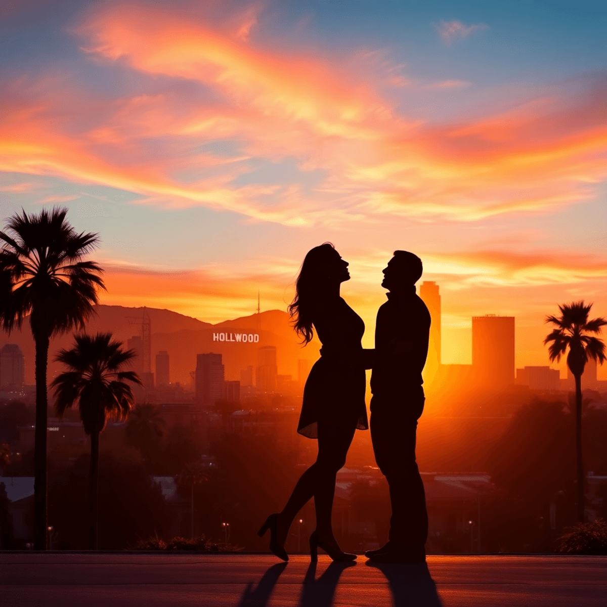 A vibrant Los Angeles sunset cityscape with the Hollywood sign and palm trees, featuring a heart shape formed by a couple's silhouettes in the fore...