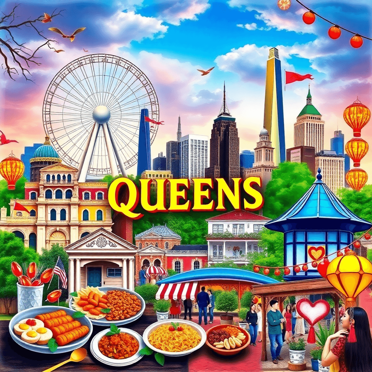 A vibrant collage showcasing the diverse dating scene in Queens, featuring landmarks like the Unisphere, Astoria Park, and various cultural foods a...
