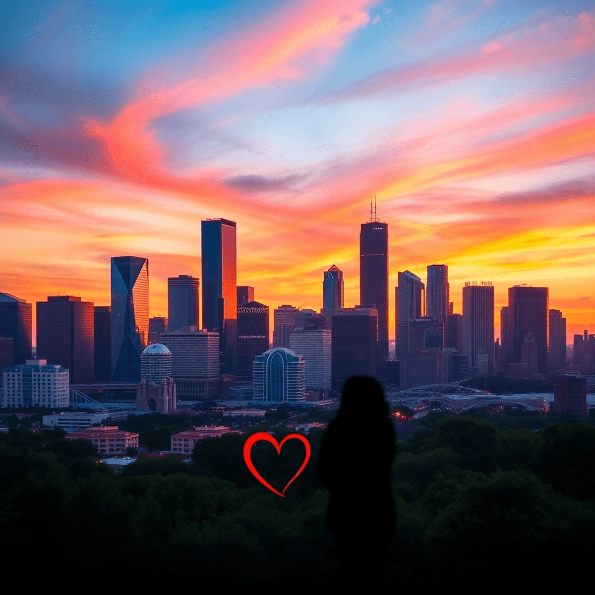 A vibrant Houston skyline at sunset, showcasing iconic landmarks with silhouettes and subtle heart shapes in the foreground, symbolizing romance an...