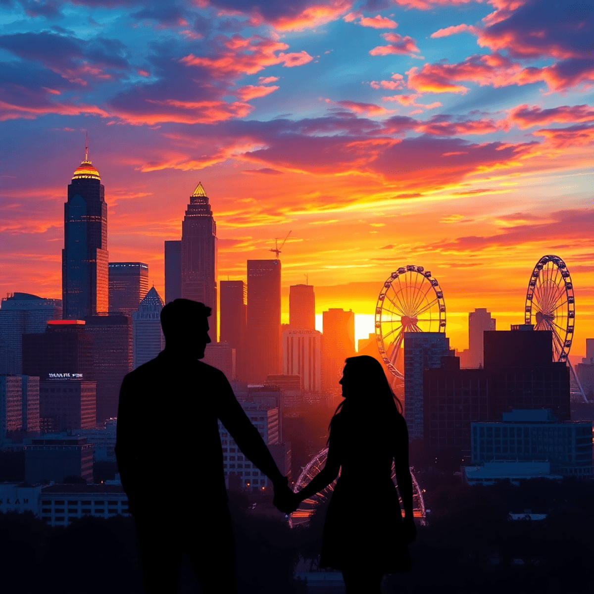 A vibrant Atlanta cityscape at sunset, featuring iconic landmarks and a couple's silhouette holding hands in the foreground, creating an energetic ...