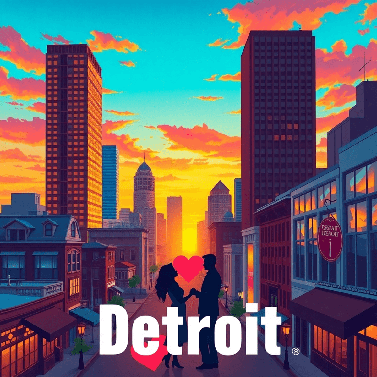 A vibrant Detroit cityscape at sunset featuring the skyline and historic streets, with heart shapes and couples enjoying the nightlife, evoking rom...