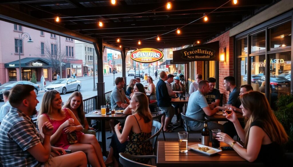 A vibrant outdoor patio in the heart of New Bloomfield, Missouri, where singles mingle over craft cocktails and local fare. Soft lighting illuminates the scene, accentuating the warm brick walls and cozy wooden furnishings. In the foreground, a group of friends laugh and converse, their faces aglow with the promise of new connections. The middle ground features couples engaged in lively discussions, while the background showcases the bustling downtown streetscape, hinting at the energy and possibilities that await singles in this charming Midwest town.