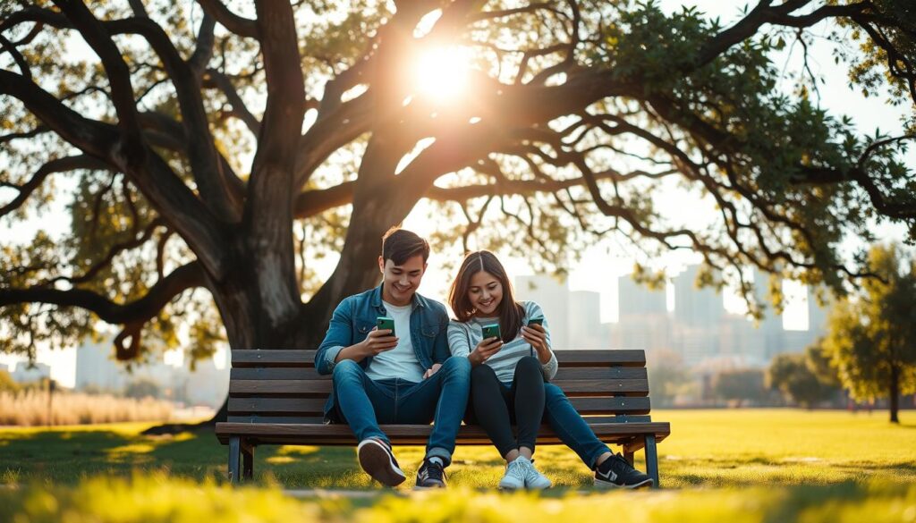 A serene outdoor scene with a young couple sitting on a park bench, gazing at their smartphones and smiling. Warm afternoon sunlight filters through the branches of a large oak tree, casting a gentle glow. In the background, a city skyline with modern skyscrapers and a clear, blue sky. The couple's body language exudes a sense of connection and comfort, highlighting the benefits of online dating in bringing people together. A tilt-shift lens effect creates a dreamy, miniaturized atmosphere, emphasizing the intimate moment. The overall mood is one of tranquility, optimism, and the joy of shared experience.