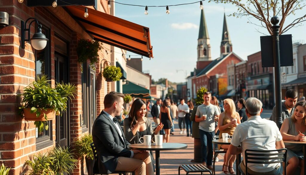 a cozy outdoor cafe in the quaint downtown of La Monte, Missouri, with patrons enjoying coffee and conversation on a sunny afternoon. the cafe has a charming brick facade, with lush potted plants and string lights hanging from the awning. in the foreground, a stylishly dressed couple is seated at a small table, engaged in an intimate discussion over their drinks. the middle ground features other couples and singles mingling, creating a lively, friendly atmosphere. in the background, the historic buildings of Main Street provide a picturesque backdrop, with the steeple of a local church visible in the distance. the scene is illuminated by warm, golden natural lighting, conveying a sense of comfort and relaxation.