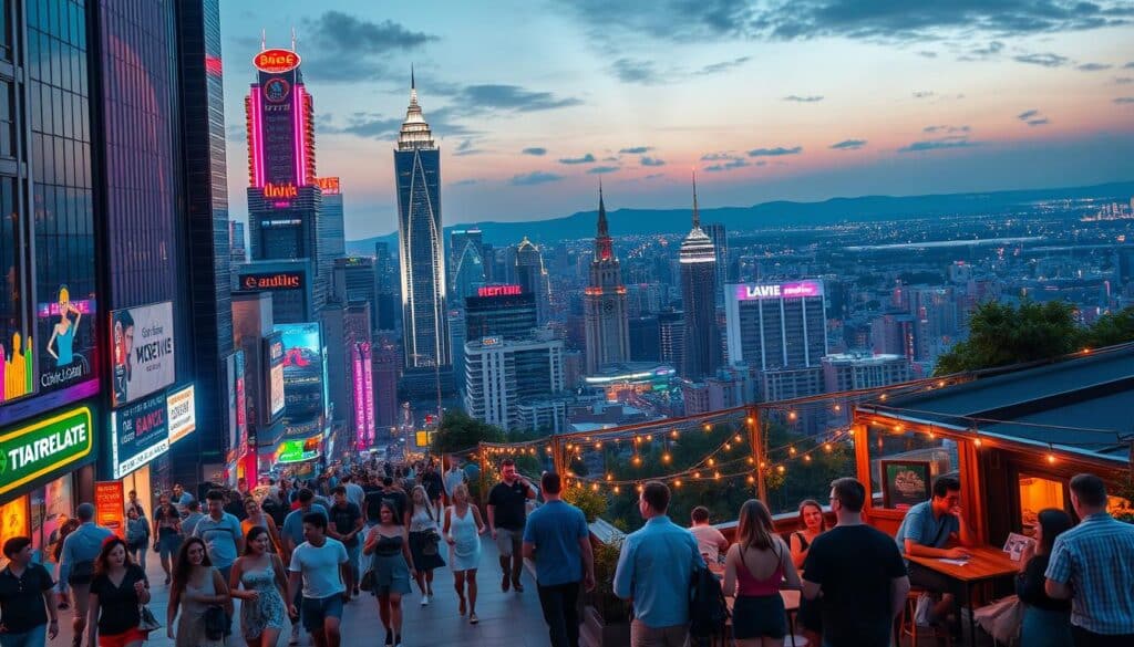A bustling cityscape with towering skyscrapers, vibrant neon lights, and a lively nightlife scene. In the foreground, a diverse array of young, stylish singles stroll along the sidewalks, chatting and laughing. In the middle ground, a chic outdoor café with cozy tables and string lights sets the mood for intimate conversations. The background features a panoramic view of neighboring cities, their silhouettes illuminated by the setting sun, creating a warm and inviting atmosphere for potential romantic connections. Soft, diffused lighting casts a romantic glow, while a wide-angle lens captures the dynamic energy of this hub for singles seeking new dating opportunities near Laurie.