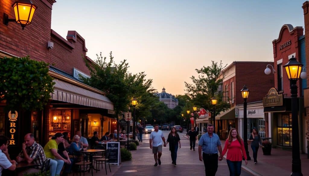 A vibrant downtown district in New Franklin, Missouri, bathed in warm golden light from dusk-lit streetlamps. In the foreground, a cozy cafe bustles with conversation and the aroma of freshly brewed coffee. Across the street, a lively bar pulses with live music and the chatter of energetic locals. In the middle ground, couples stroll hand-in-hand along the sidewalks, window-shopping at quaint boutiques. In the distance, the silhouettes of historic buildings and lush trees frame the scene, lending a charming, small-town ambiance. The overall mood is one of community, energy, and the promise of new connections.